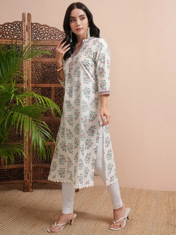 Vishudh Women Cream Printed Straight Kurta