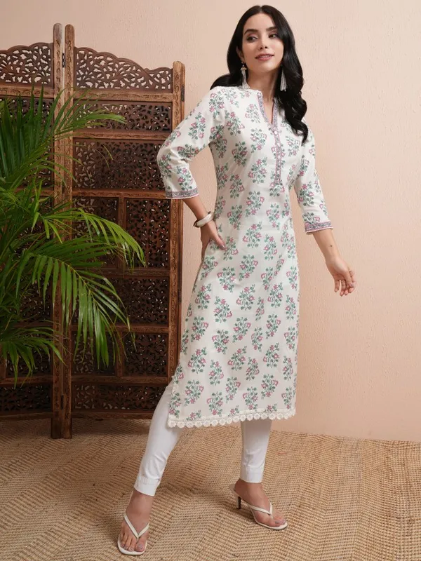 Vishudh Women Cream Printed Straight Kurta