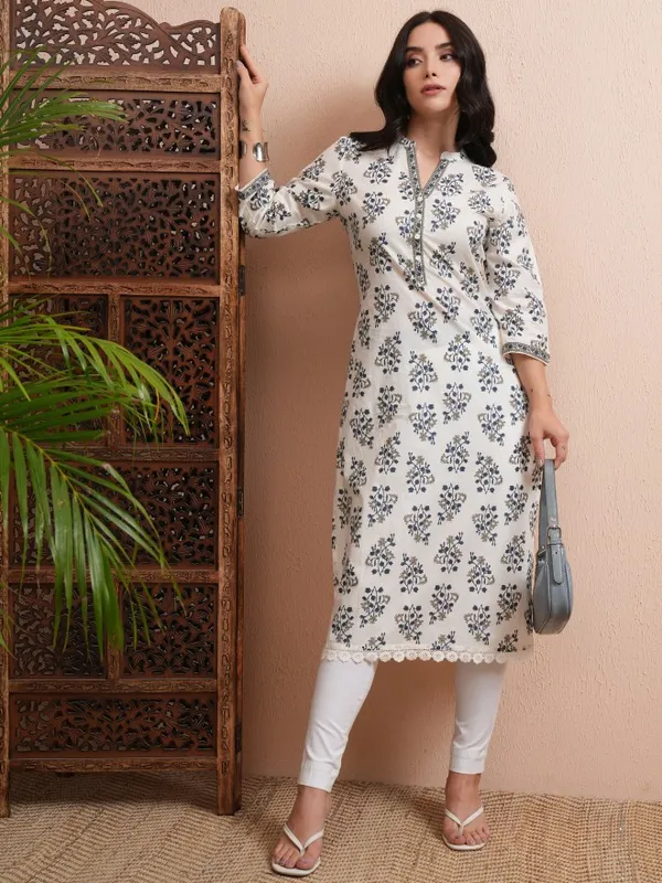 Vishudh Women Cream Printed Straight Kurta