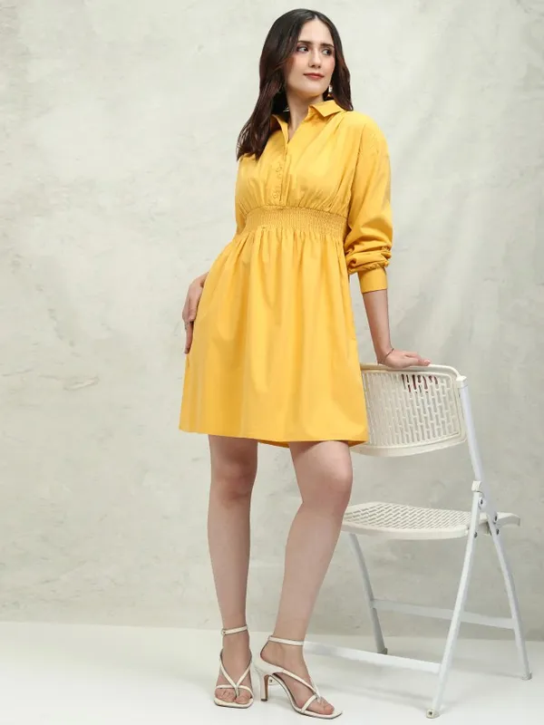 Tokyo Talkies Women Yellow Solid Fit and Flare Dress