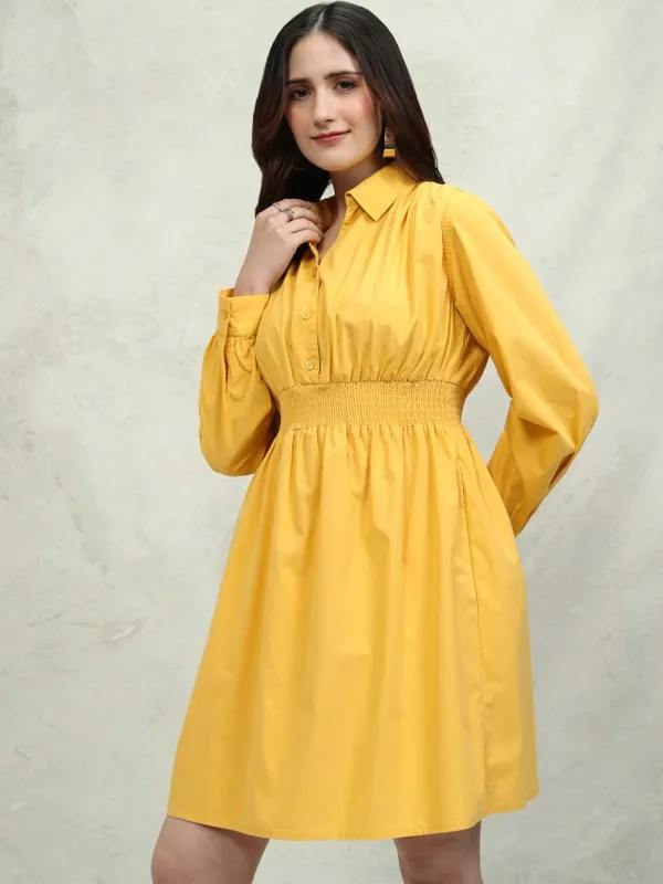 Tokyo Talkies Women Yellow Solid Fit and Flare Dress