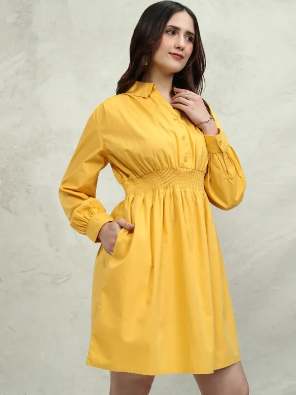 Tokyo Talkies Women Yellow Solid Fit and Flare Dress