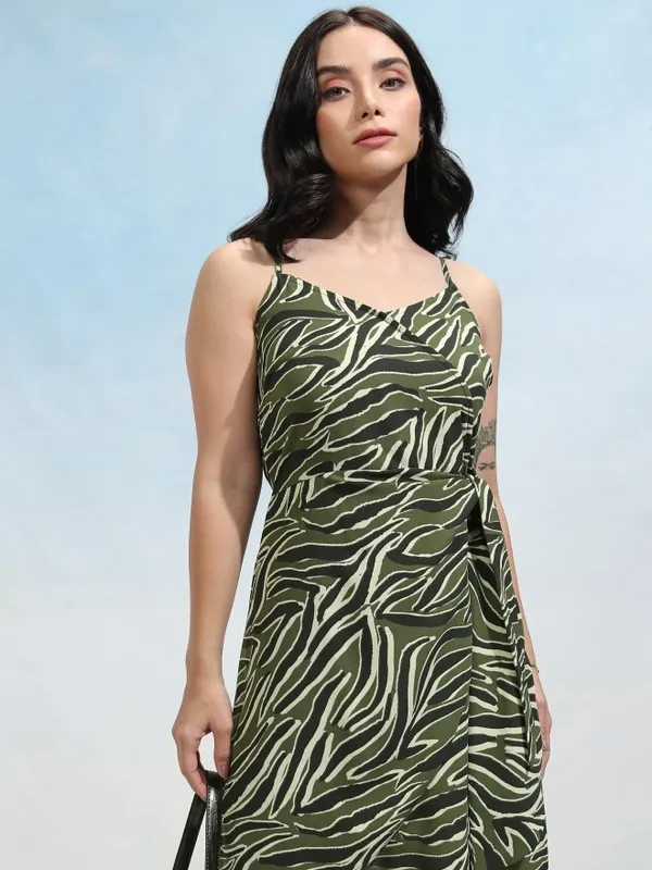 Tokyo Talkies Women Olive Printed Wrap Dress
