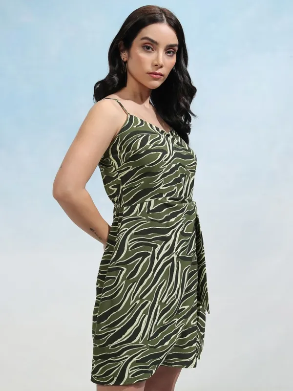Tokyo Talkies Women Olive Printed Wrap Dress