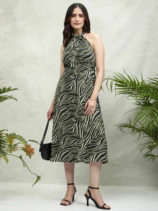 Tokyo Talkies Women Olive Printed A-Line Dress