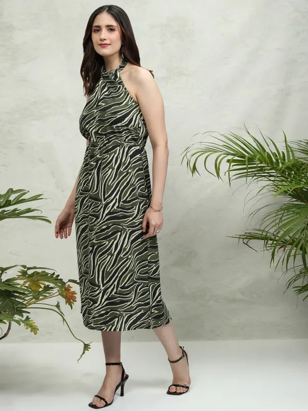 Tokyo Talkies Women Olive Printed A-Line Dress