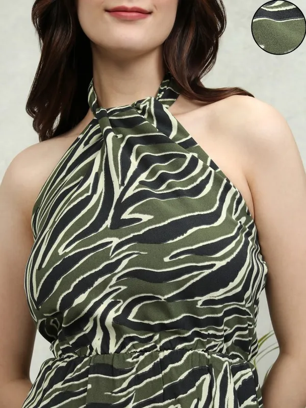 Tokyo Talkies Women Olive Printed A-Line Dress