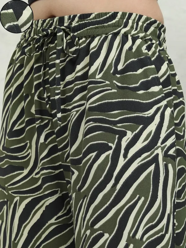 Tokyo Talkies Women Olive Printed Flared Casual Trouser