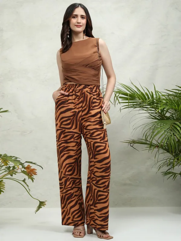 Tokyo Talkies Women Brown Printed Flared Casual Trouser