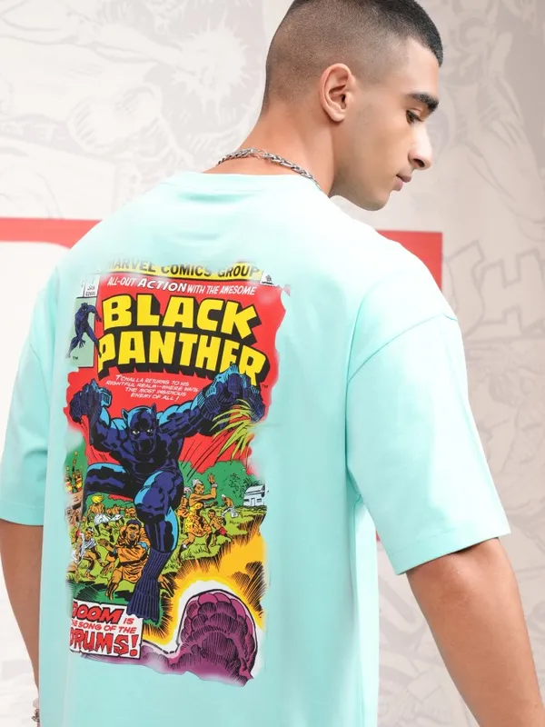 Marvel By Highlander Men Blue Black Panther Printed Round Neck Oversized Fit T-Shirt