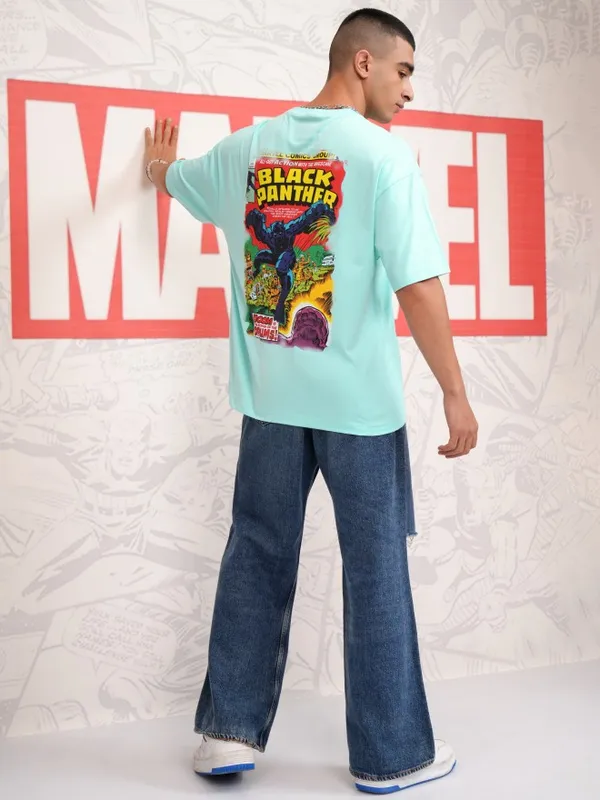 Marvel By Highlander Men Blue Black Panther Printed Round Neck Oversized Fit T-Shirt