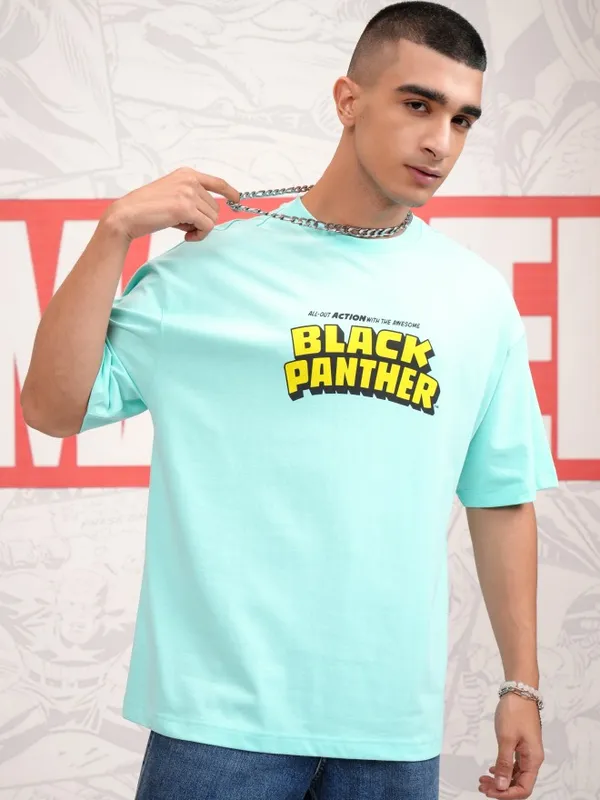 Marvel By Highlander Men Blue Black Panther Printed Round Neck Oversized Fit T-Shirt