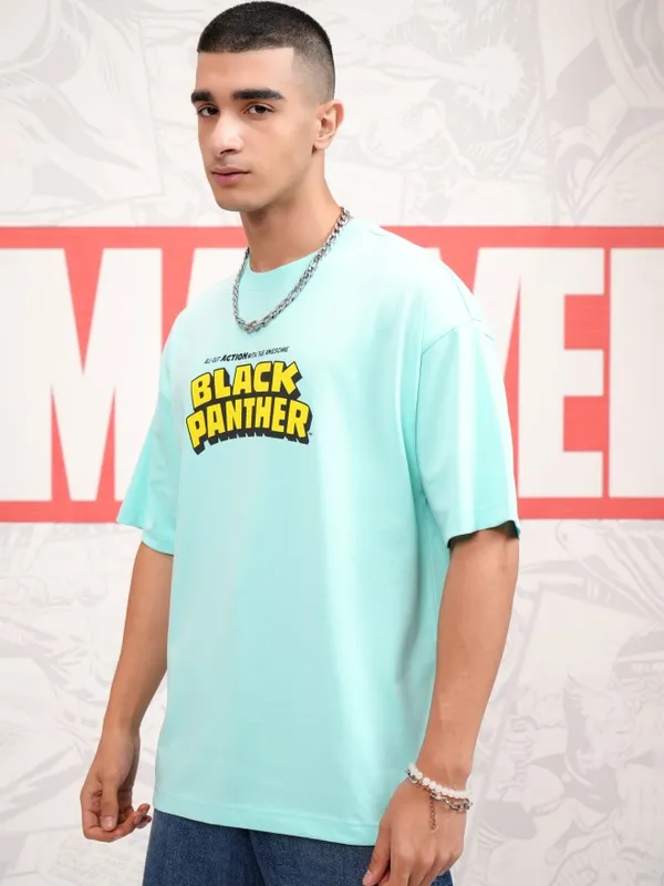 Marvel By Highlander Men Blue Black Panther Printed Round Neck Oversized Fit T-Shirt