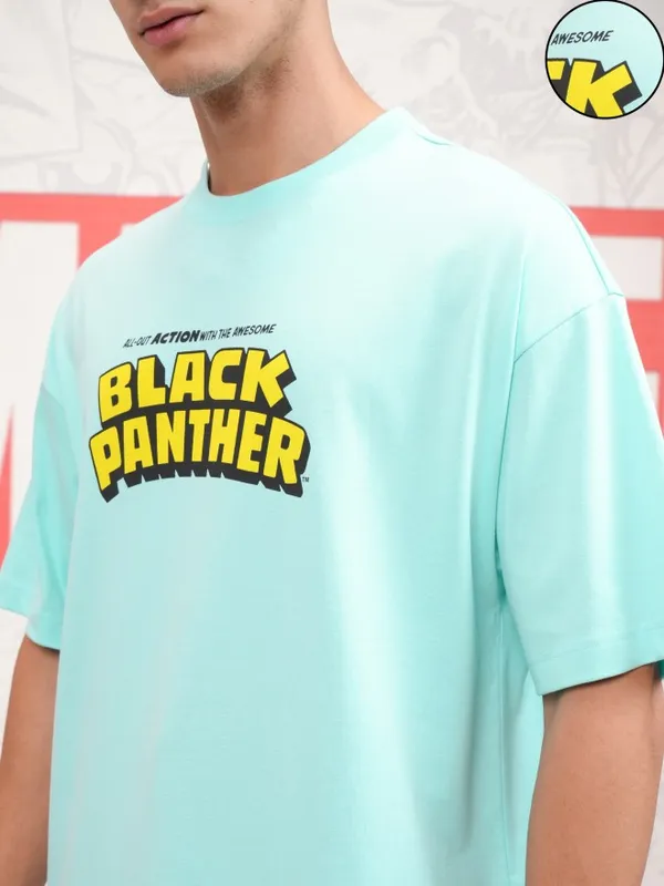 Marvel By Highlander Men Blue Black Panther Printed Round Neck Oversized Fit T-Shirt