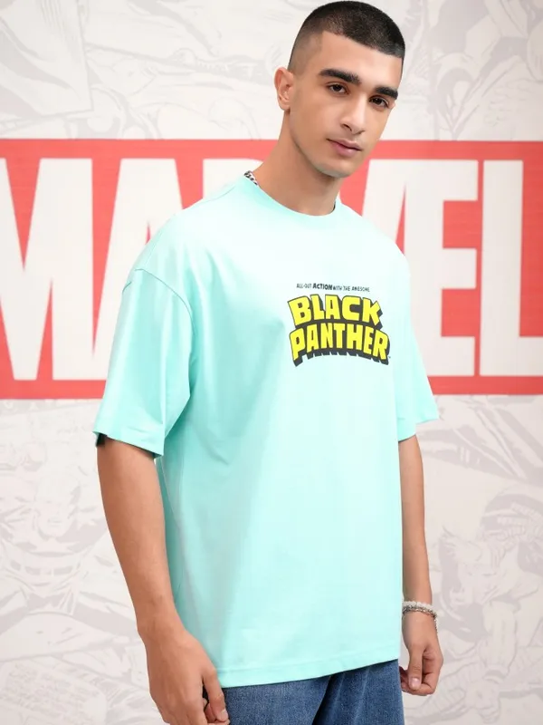 Marvel By Highlander Men Blue Black Panther Printed Round Neck Oversized Fit T-Shirt