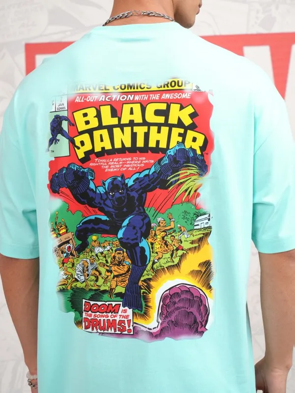Marvel By Highlander Men Blue Black Panther Printed Round Neck Oversized Fit T-Shirt