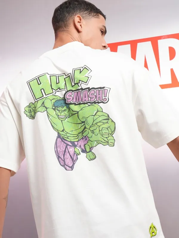 Marvel By Highlander Men Off White Hulk Printed Oversized Fit T-Shirt