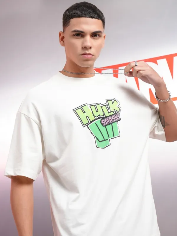 Marvel By Highlander Men Off White Hulk Printed Oversized Fit T-Shirt