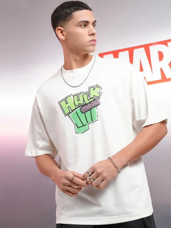 Marvel By Highlander Men Off White Hulk Printed Round Neck Oversized Fit T-Shirt