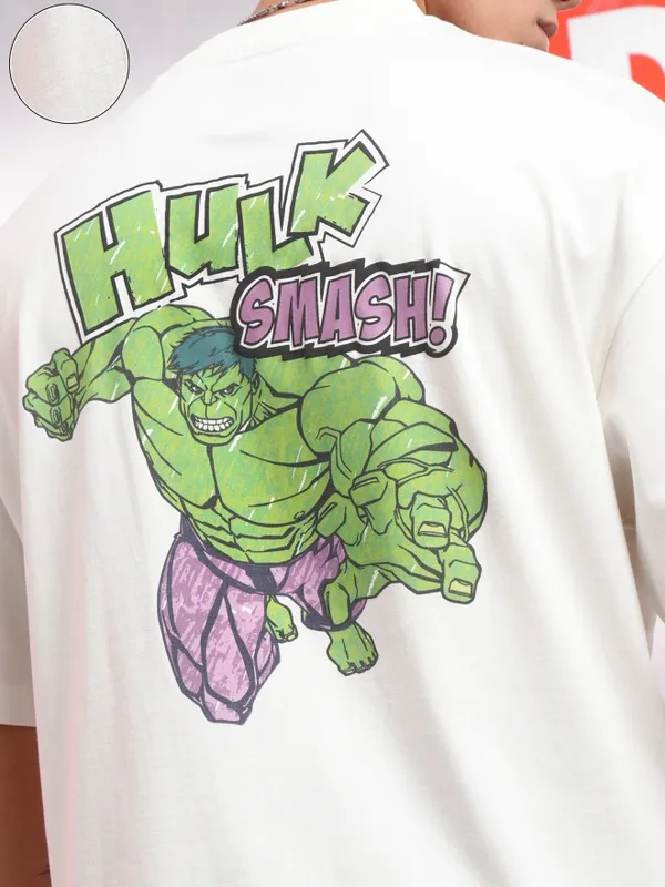 Marvel By Highlander Men Off White Hulk Printed Round Neck Oversized Fit T-Shirt