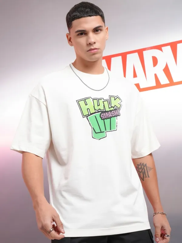 Marvel By Highlander Men Off White Hulk Printed Round Neck Oversized Fit T-Shirt
