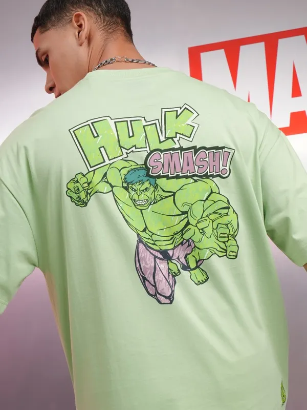 Marvel By Highlander Men Green Hulk Printed Oversized Fit T-Shirt