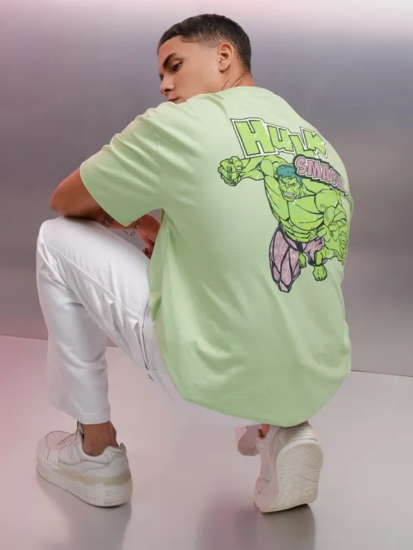 Marvel By Highlander Men Green Hulk Printed Oversized Fit T-Shirt