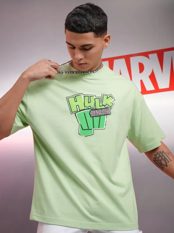 Marvel By Highlander Men Green Hulk Printed Oversized Fit T-Shirt