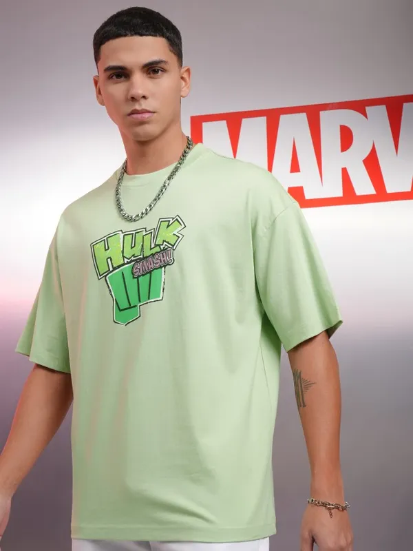 Marvel By Highlander Men Green Hulk Printed Oversized Fit T-Shirt