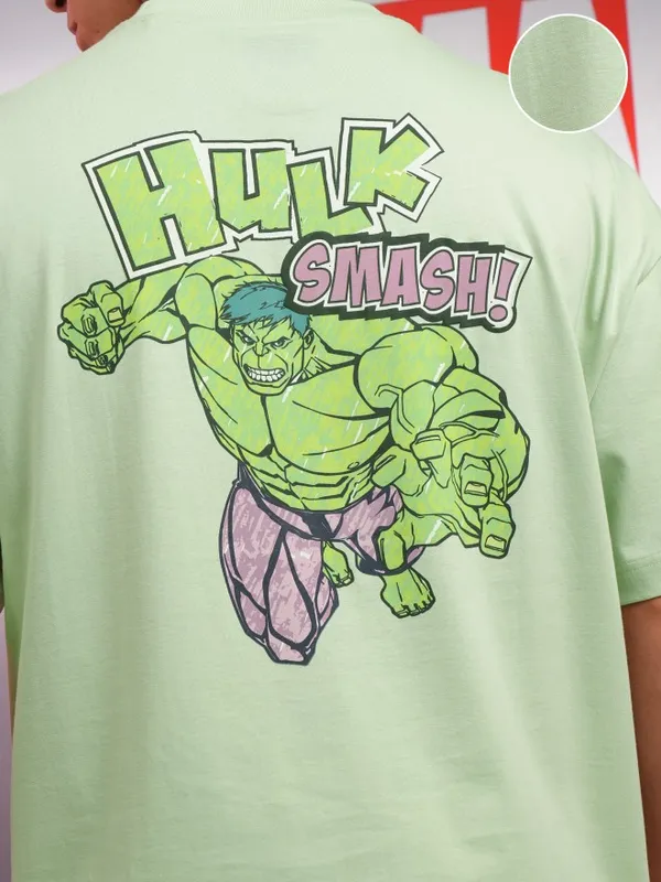 Marvel By Highlander Men Green Hulk Printed Oversized Fit T-Shirt