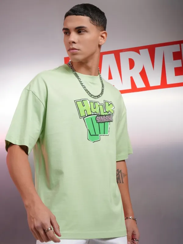 Marvel By Highlander Men Green Hulk Printed Oversized Fit T-Shirt