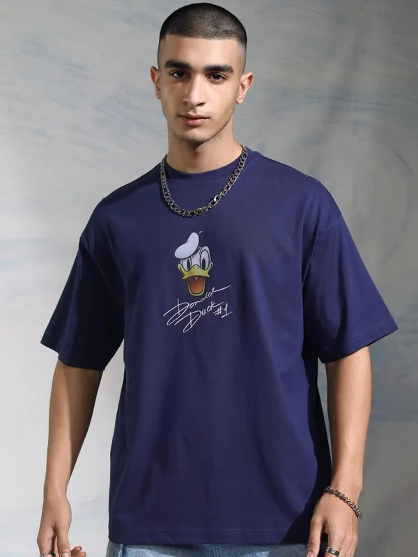 Disney By Highlander Men Navy Blue Donald Duck Printed Round Neck Oversized Fit T-Shirt