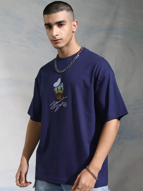 Disney By Highlander Men Navy Blue Donald Duck Printed Round Neck Oversized Fit T-Shirt
