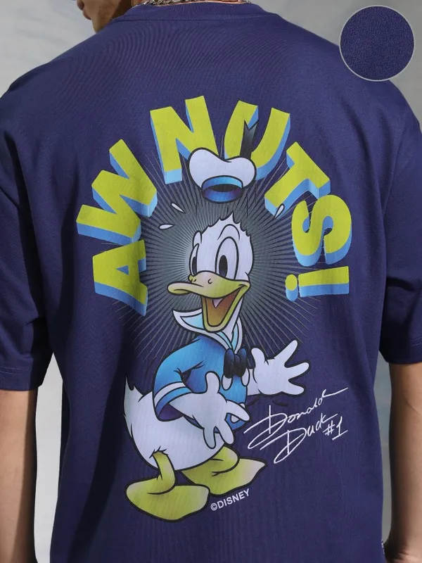 Disney By Highlander Men Navy Blue Donald Duck Printed Round Neck Oversized Fit T-Shirt