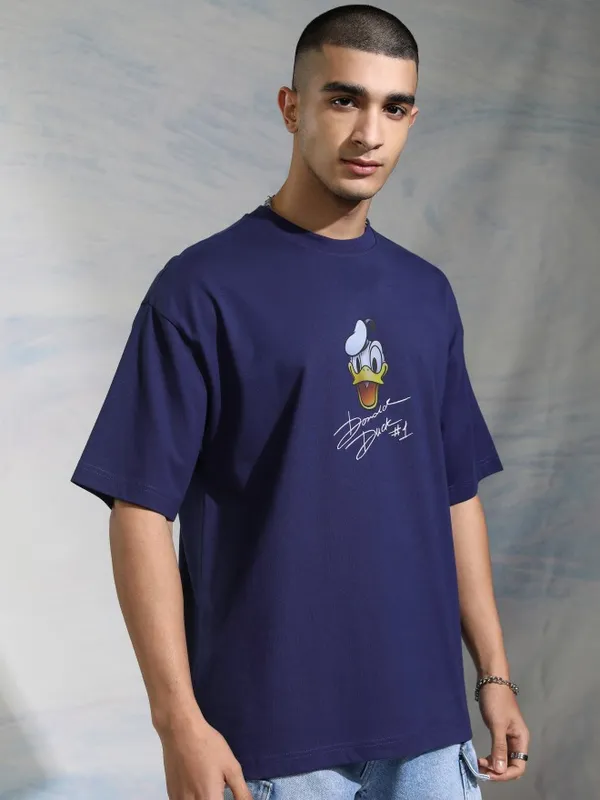 Disney By Highlander Men Navy Blue Donald Duck Printed Round Neck Oversized Fit T-Shirt