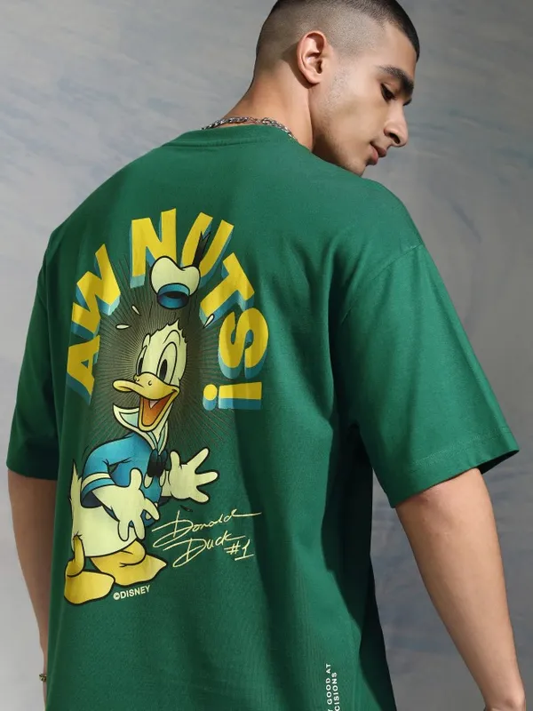 Disney By Highlander Men Green Donald Duck Printed Round Neck Oversized Fit T-Shirt