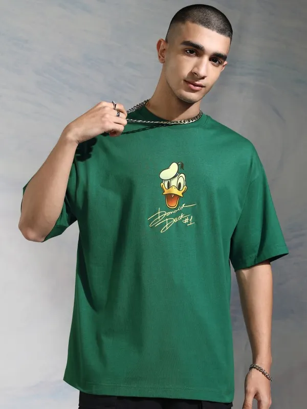 Disney By Highlander Men Green Donald Duck Printed Round Neck Oversized Fit T-Shirt