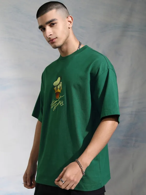 Disney By Highlander Men Green Donald Duck Printed Round Neck Oversized Fit T-Shirt