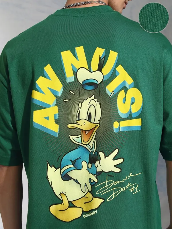 Disney By Highlander Men Green Donald Duck Printed Round Neck Oversized Fit T-Shirt