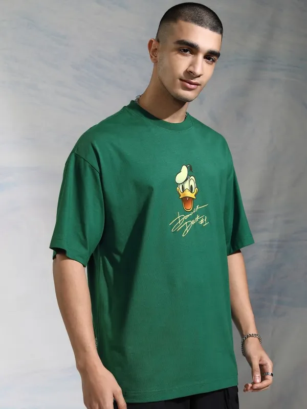 Disney By Highlander Men Green Donald Duck Printed Round Neck Oversized Fit T-Shirt