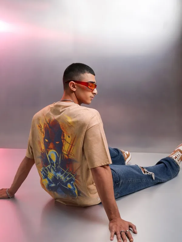 Marvel By Highlander Men Brown Deadpool Printed Round Neck Oversized Fit T-Shirt