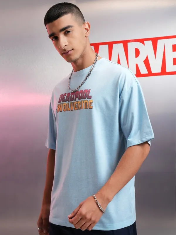 Marvel By Highlander Men Blue Deadpool Printed Round Neck Oversized Fit T-Shirt