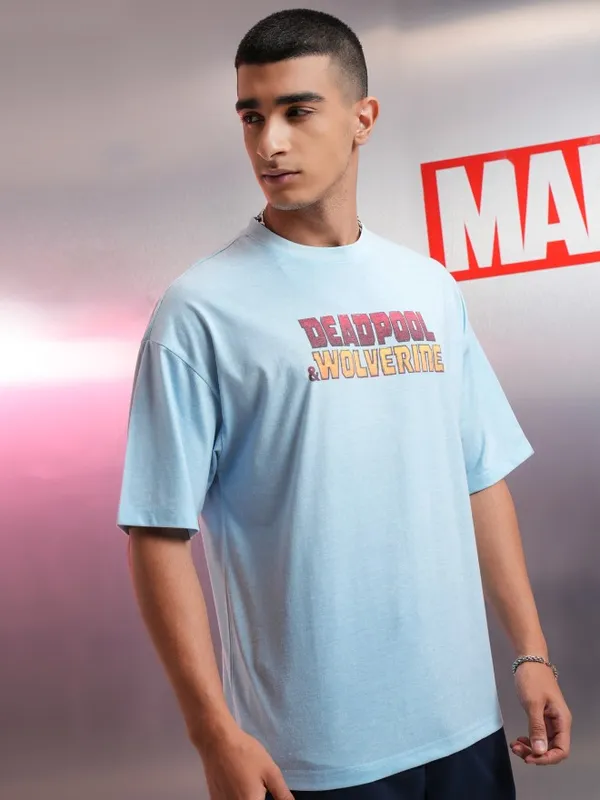 Marvel By Highlander Men Blue Deadpool Printed Round Neck Oversized Fit T-Shirt