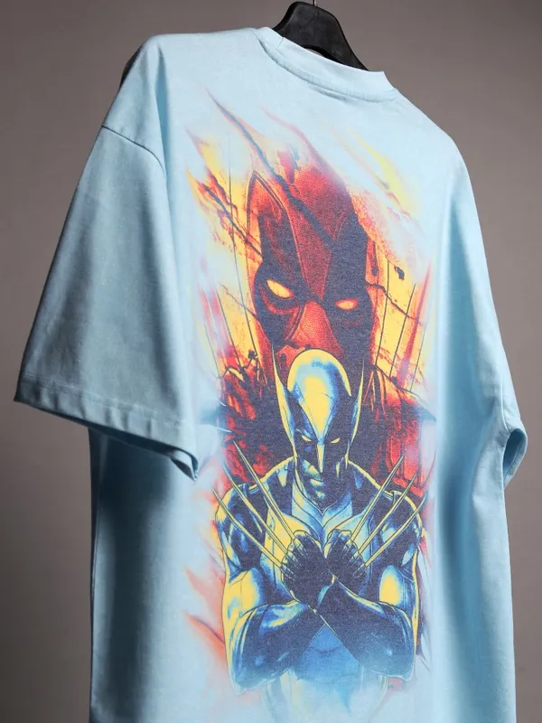 Marvel By Highlander Men Blue Deadpool Printed Round Neck Oversized Fit T-Shirt
