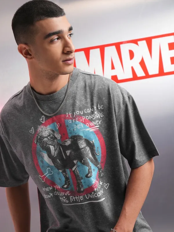 Marvel By Highlander Men Charcoal Dogpool Printed Round Neck Oversized Fit T-Shirt