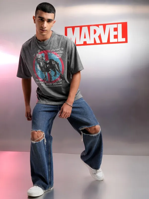 Marvel By Highlander Men Charcoal Dogpool Printed Round Neck Oversized Fit T-Shirt