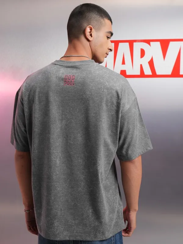 Marvel By Highlander Men Charcoal Dogpool Printed Round Neck Oversized Fit T-Shirt
