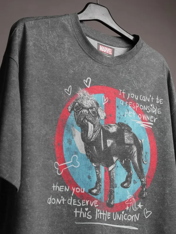 Marvel By Highlander Men Charcoal Dogpool Printed Round Neck Oversized Fit T-Shirt