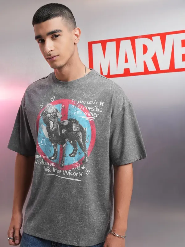 Marvel By Highlander Men Charcoal Dogpool Printed Oversized Fit T-Shirt