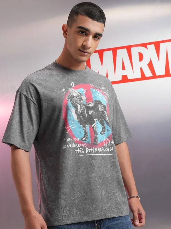 Marvel By Highlander Men Charcoal Dogpool Printed Oversized Fit T-Shirt